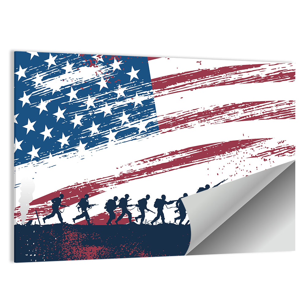 Silhouetted Soldiers with Distressed American Flag Wall Art