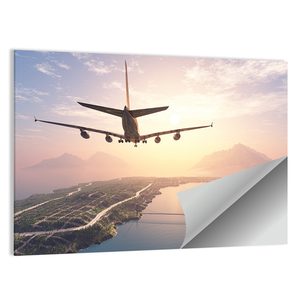 Airplane Over Island at Sunset Wall Art
