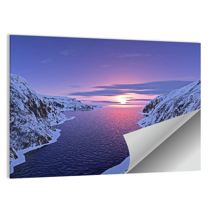 Snow-capped Mountain Fjord Sunset Wall Art as a poster print