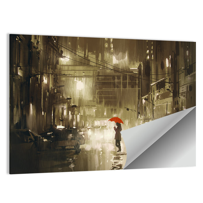 Red Umbrella on Rainy City Street Wall Art as a poster print