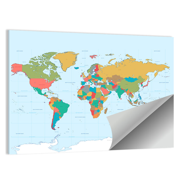 Colorful World Map with Grid Wall Art as a poster print