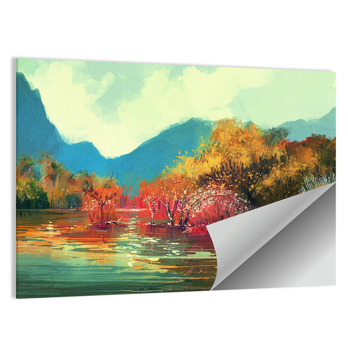 Golden Autumn Lake Reflection Wall Art as a poster print