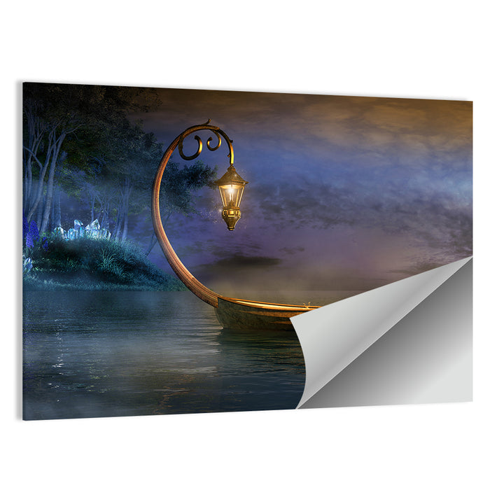 Lantern Boat on a Misty Lake Wall Art as a poster print