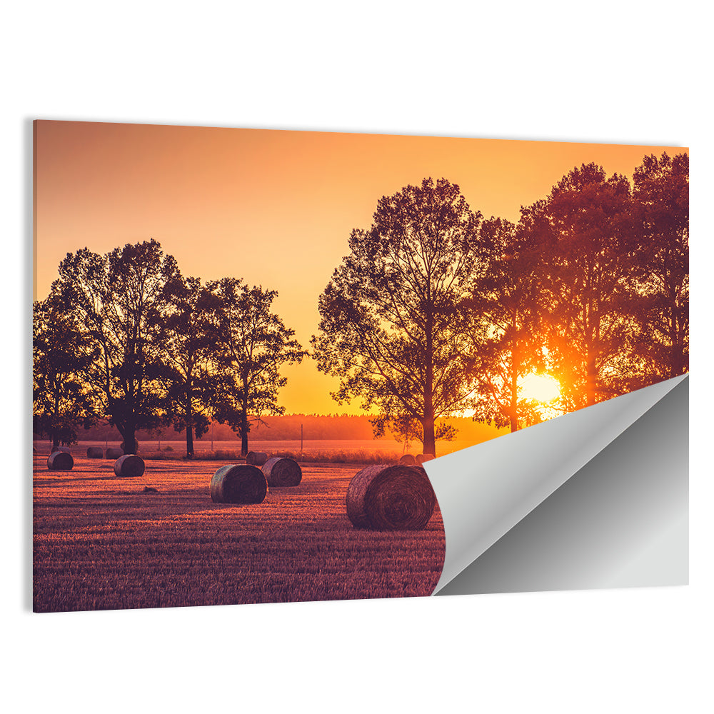 Sunset Over Hay Bales Wall Art