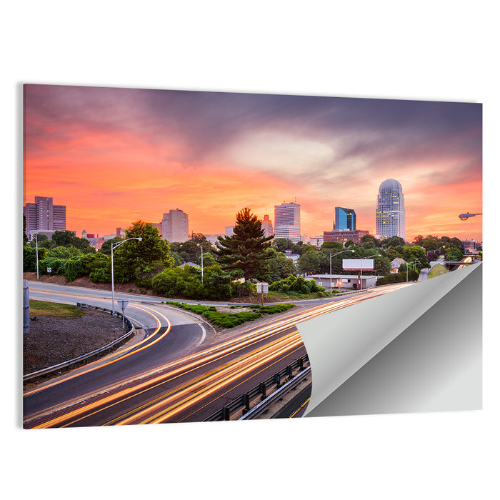 Winston-salem Dusk Skyline with Light Trails Wall Art as a poster print