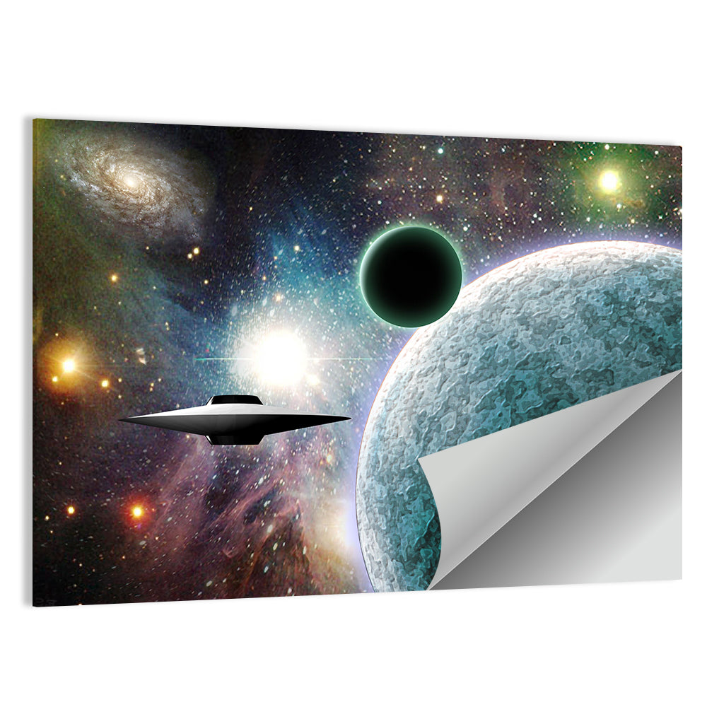 Saucer Near Cratered Planet Wall Art