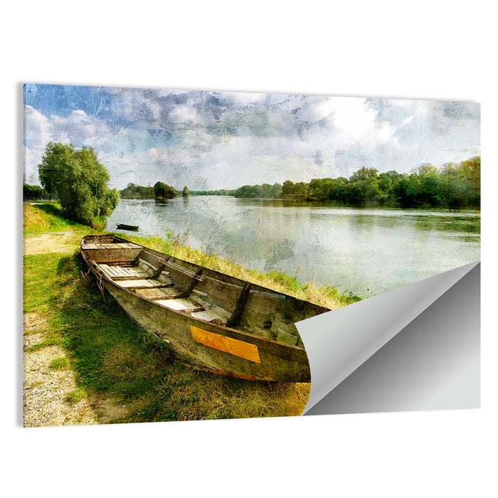 Weathered Wooden Boat on Riverbank Wall Art as a poster print