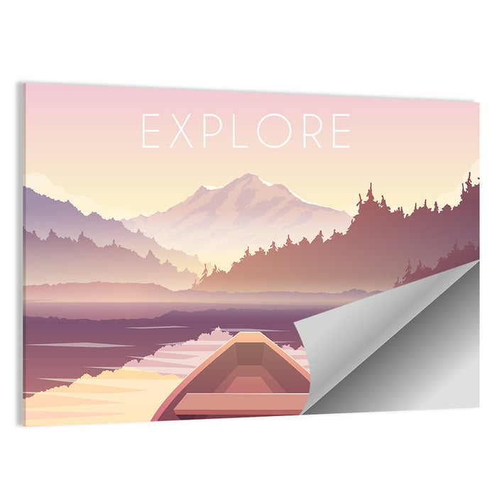 Explore Mountain Lake Sailing Illustration Wall Art as a poster print