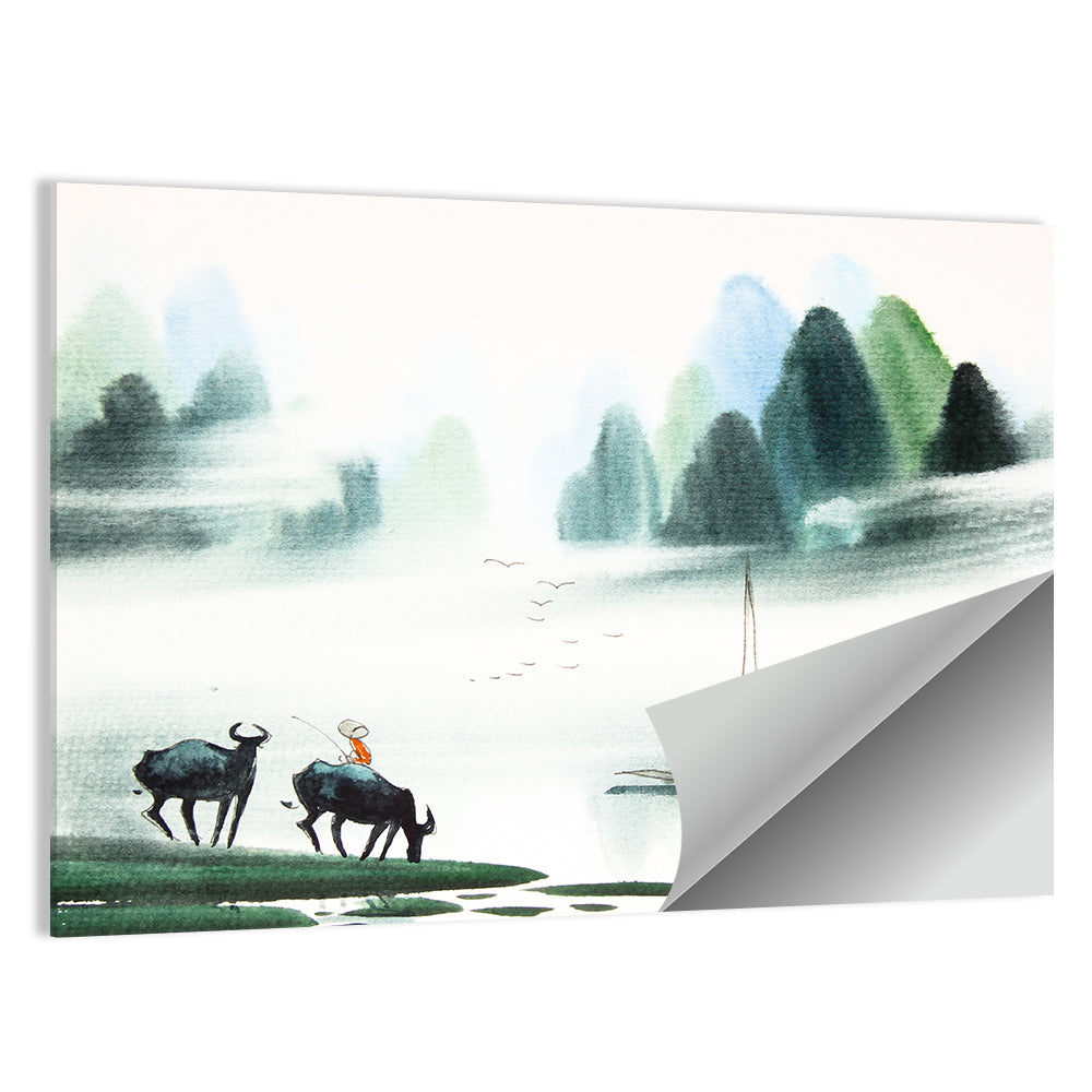Water Buffalo in Misty Watercolor Wall Art