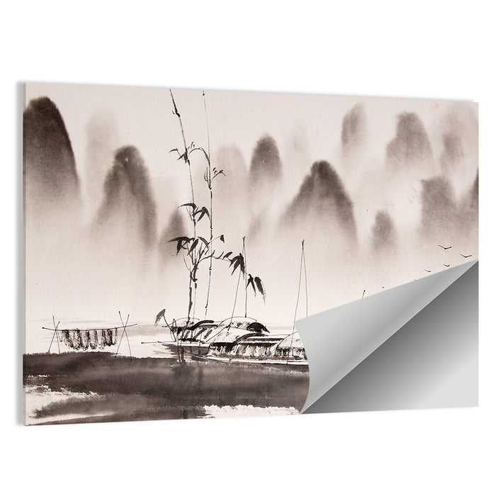 Misty Ink Wash Fishing Boats Wall Art as a poster print