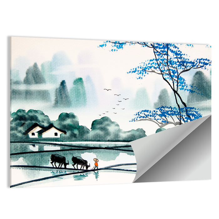 Blue Tree Over Rice Paddies Wall Art as a poster print