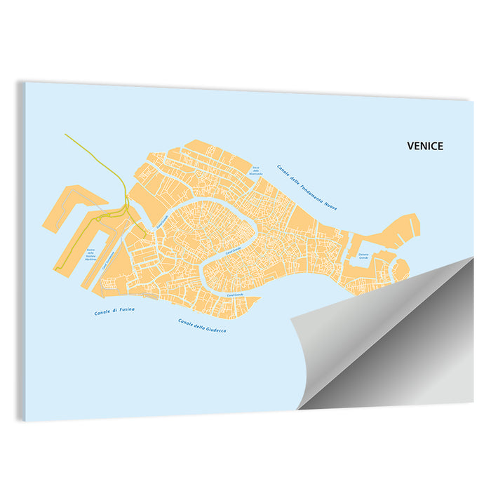 Venice Canal Map, Light Blue and Orange Wall Art as a poster print