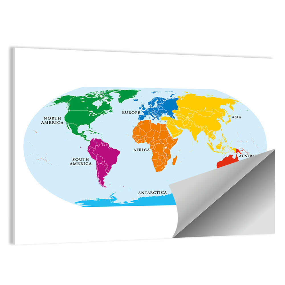 Color-coded Seven Continents Map Wall Art