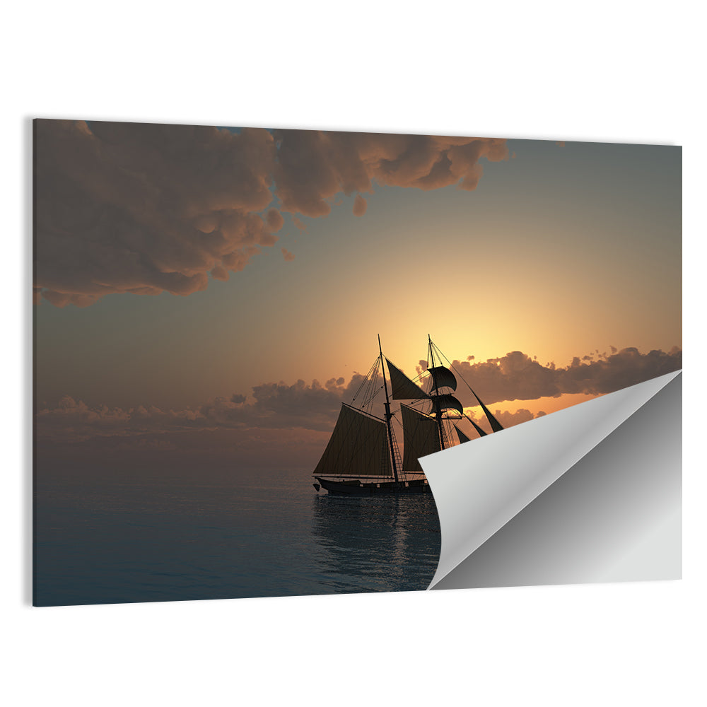 Sunset On Sea With Schooner Ship Wall Art