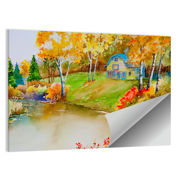 Golden Autumn Pond Landscape Wall Art as a poster print