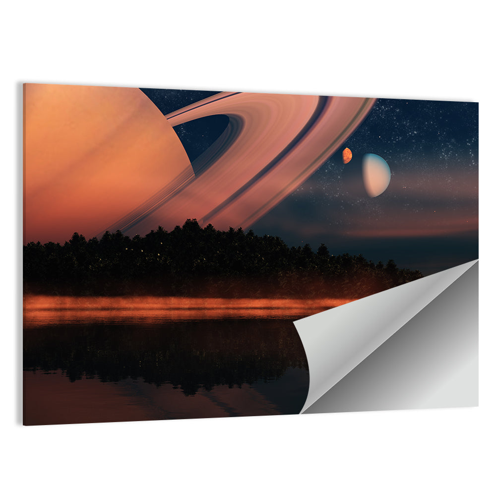 Ringed Planet Over Alien Lake Wall Art