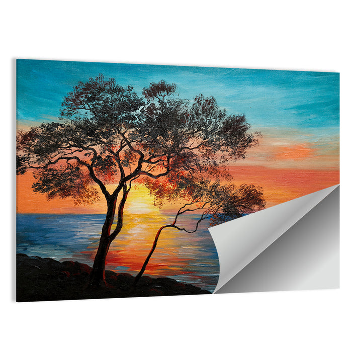 Lake Sunset with Twin Tree Silhouettes Wall Art as a poster print