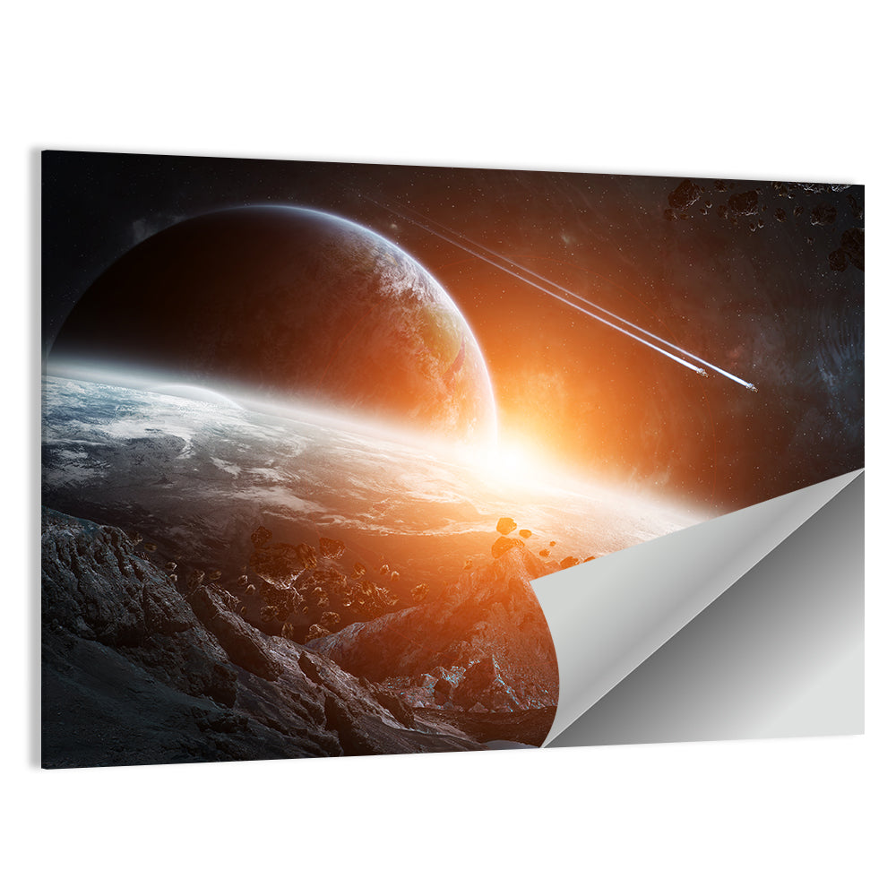 Gigantic Asteroids Over Ringed Planet Wall Art