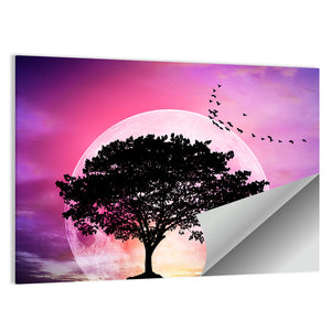 Tree Under Fantasy Sky With Moon Wall Art