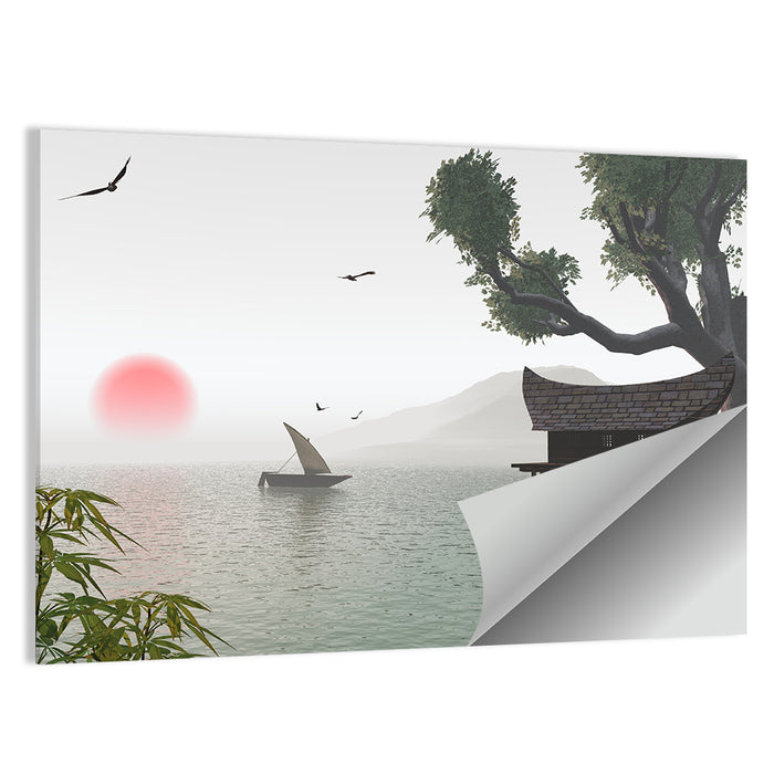 Red Sun Over Japanese Lake Wall Art as a poster print