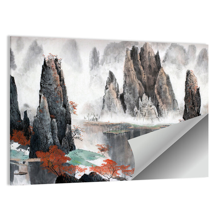 Autumn Mist Over Mountain Lake Wall Art as a poster print