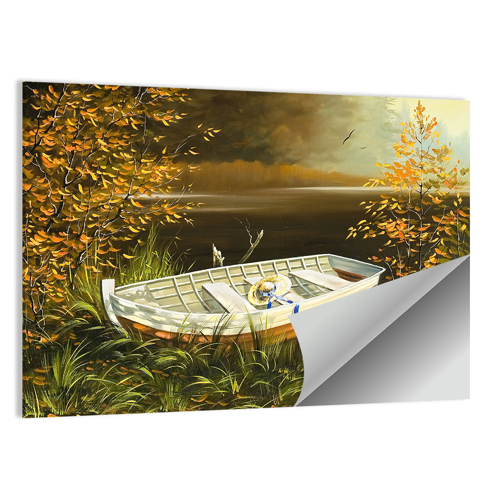 Boat with Straw Hat on Lake Bank Wall Art