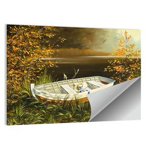 Wooden Boat On Bank Of Lake Wall Art