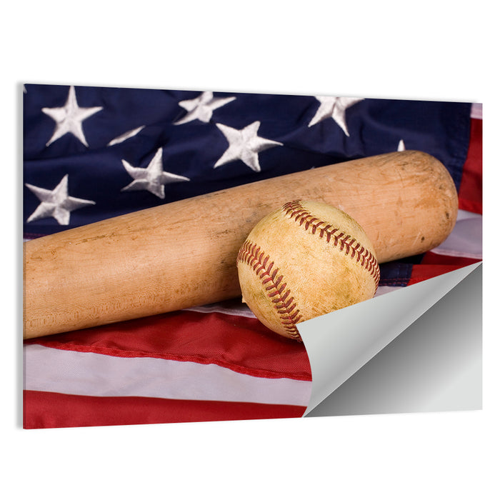 Baseball and Bat on American Flag Wall Art as a poster print