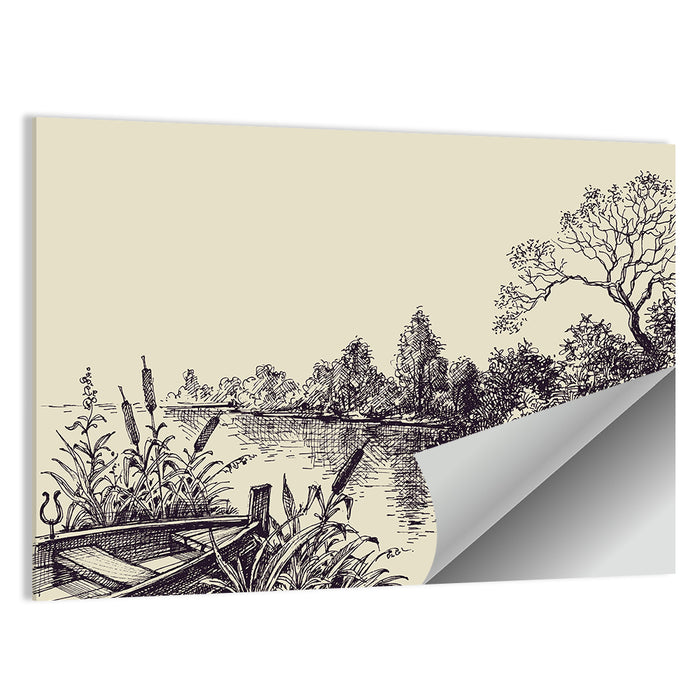 Ink Sketch Rowboat on Lake Wall Art as a poster print