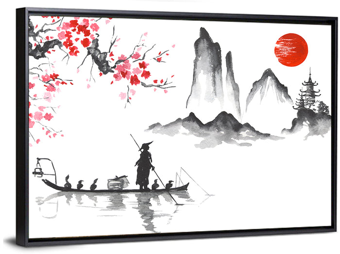 Ink Wash Fishing Boat with Red Sun Wall Art as a framed canvas