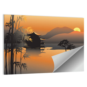 Illustrated Asian Lake With Sunset Wall Art