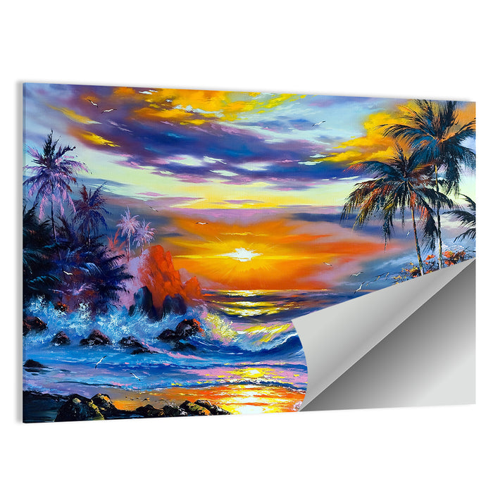 Evening Coastal Sunset with Palm Silhouettes Wall Art as a poster print