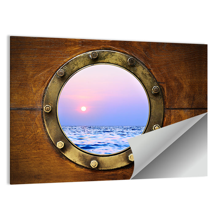 Brass Porthole with Sunset Horizon Wall Art as a poster print