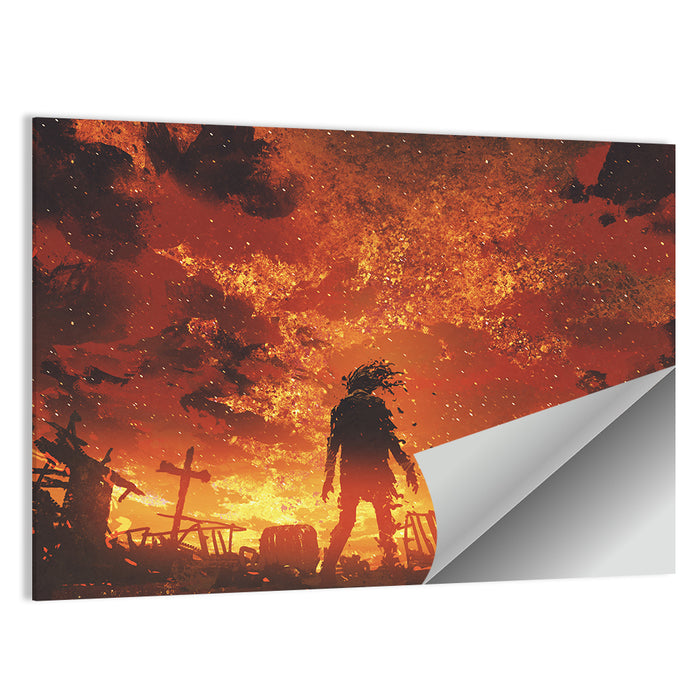 Zombie Walking Through Burnt Cemetery Wall Art as a poster print
