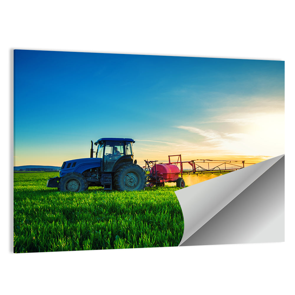 Tractor Spraying Crops at Golden Hour Wall Art