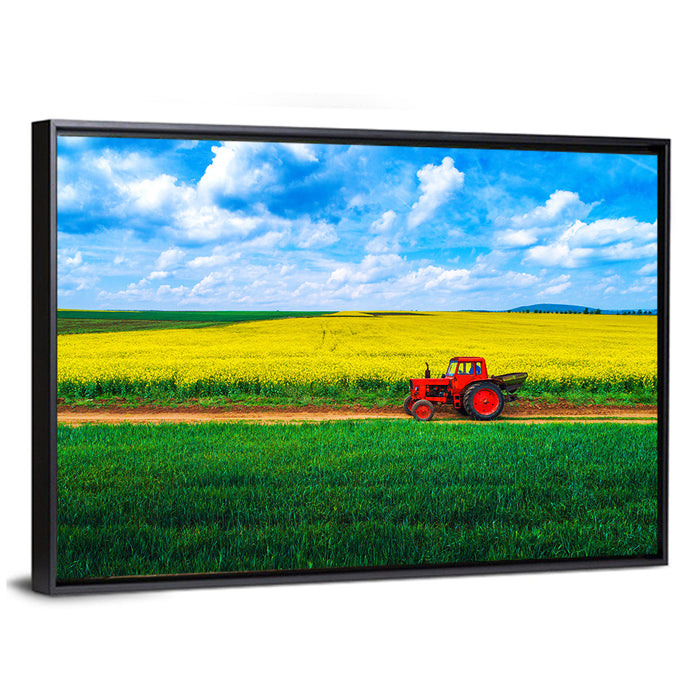 Red Tractor Over Yellow Rapeseed Field Wall Art as a framed canvas