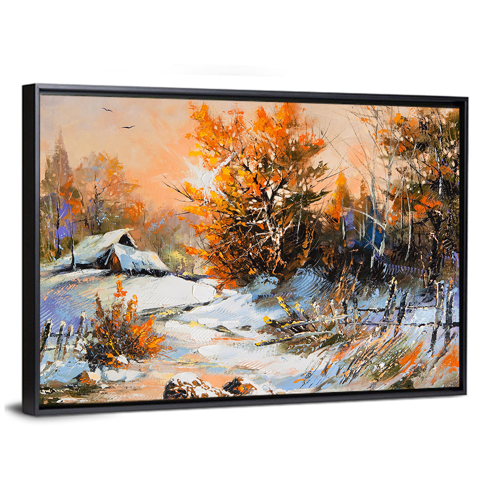 Snowy Cottage at Golden Hour Wall Art