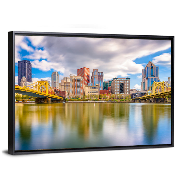 Pittsburgh Skyline with Roberto Clemente Bridge Wall Art as a framed canvas