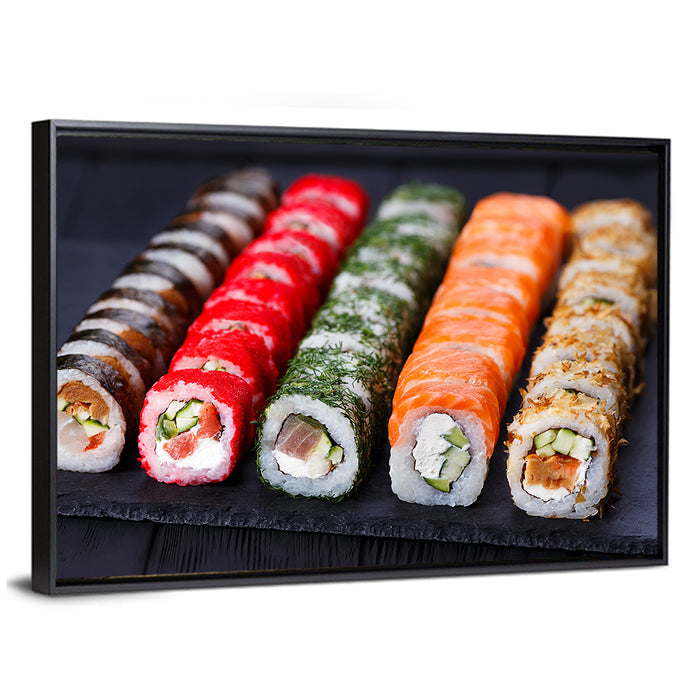 Sushi Rolls on Slate Wall Art as a framed canvas