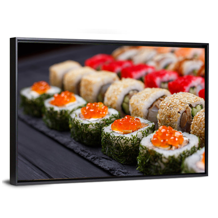 Sushi Rolls with Salmon Roe Wall Art as a framed canvas