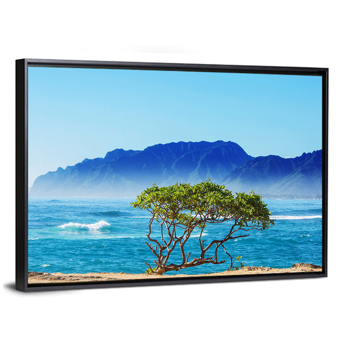 Hawaiian Coastal Tree on Rocky Shore Wall Art as a framed canvas