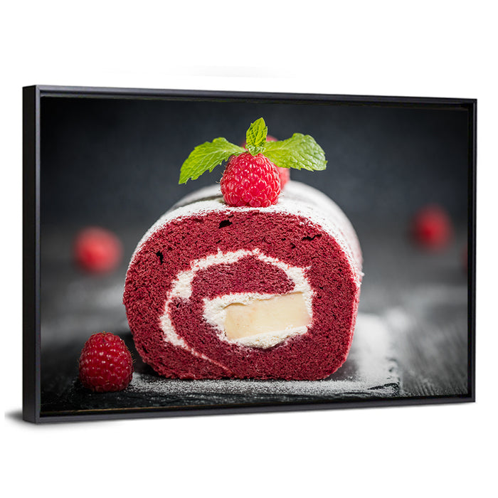 Raspberry Swiss Roll Cake Wall Art as a framed canvas