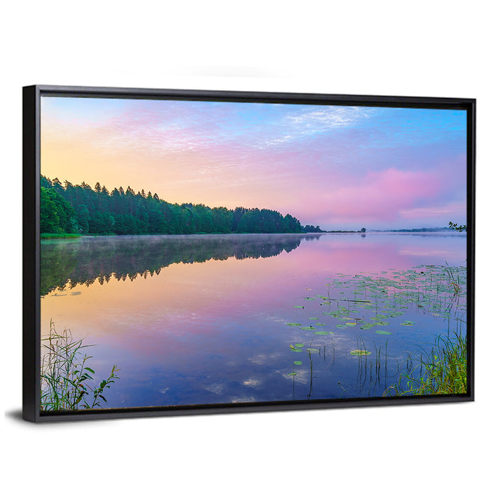 Sunrise Over Forest Lake Wall Art as a framed canvas