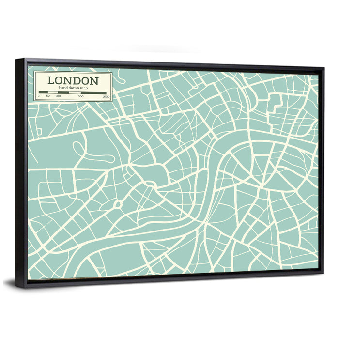 London Cartographic Map Wall Art as a framed canvas