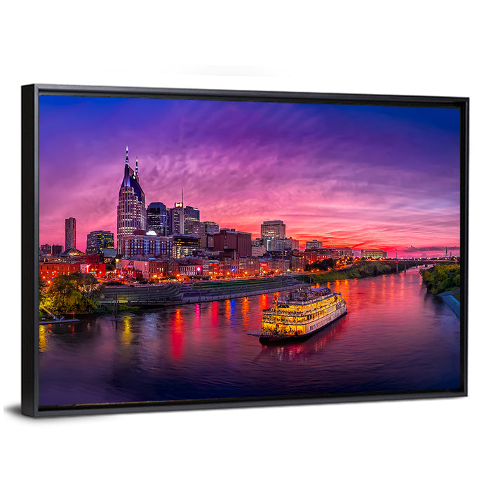 Nashville Riverfront Skyline at Dusk Wall Art as a framed canvas