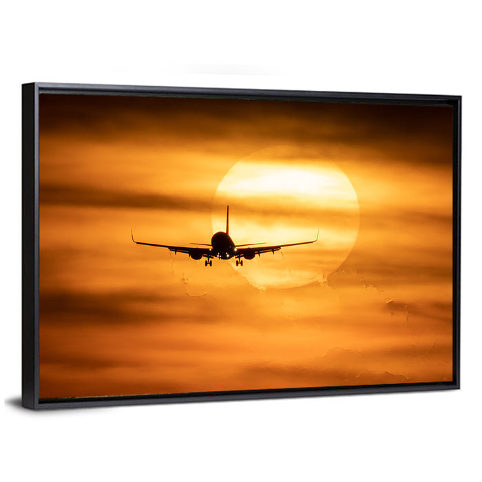Airplane Silhouette at Golden Sunset Wall Art as a framed canvas