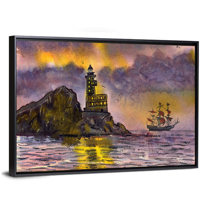 Lighthouse and Sailing Ship at Dusk Wall Art as a framed canvas