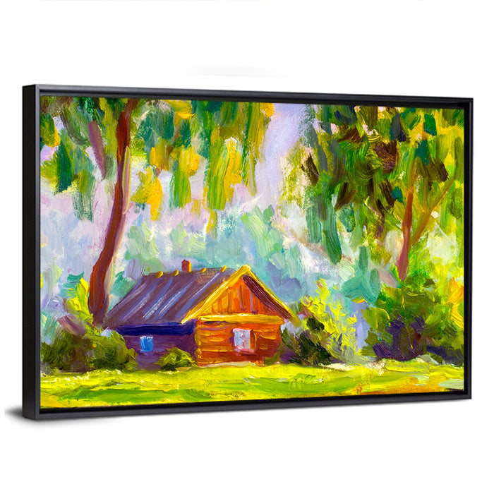 Impressionist Log Cabin in Green Forest Wall Art as a framed canvas
