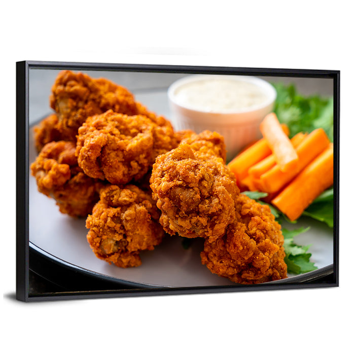 Crispy Spicy Chicken Wings with Carrot Sticks Wall Art as a framed canvas