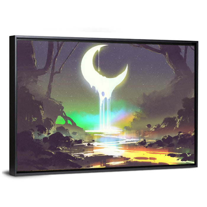 Dripping Moon Over Misty Forest Wall Art as a framed canvas